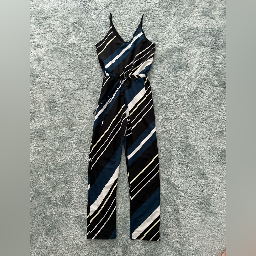 Topshop Black and Blue Striped Jumpsuit